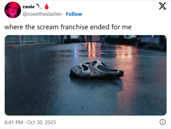 «Вот, на чём франшиза закончилась для меня», — заявляет Rosie, опубликовав финальный кадр «Крика 6».